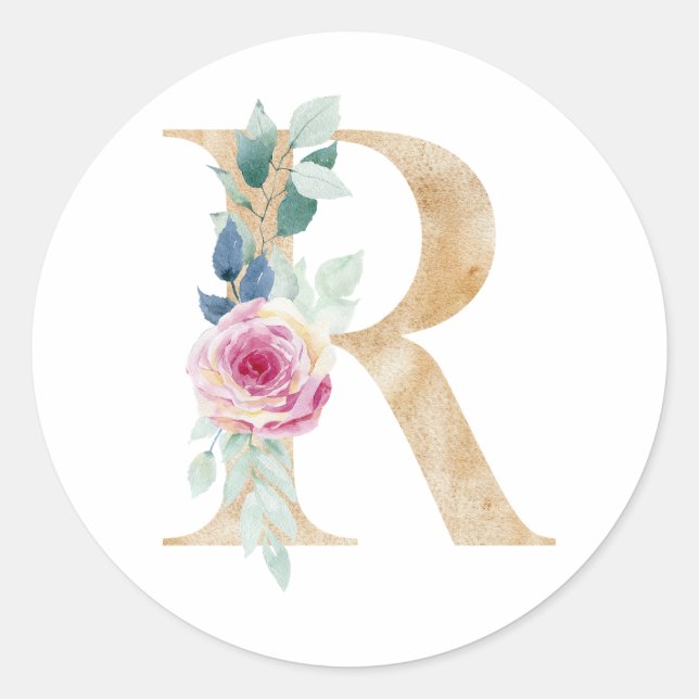Watercolor letter R with roses Classic Round Sticker (Front)