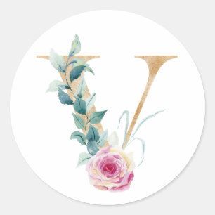 Watercolor letter V with roses. Personalise by add Classic Round Sticker