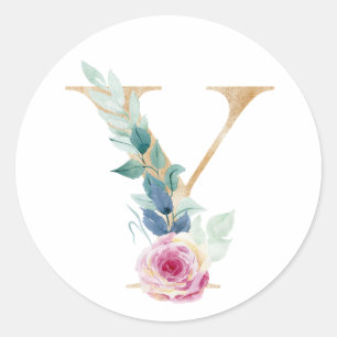 Watercolor letter Y with roses Classic Round Sticker