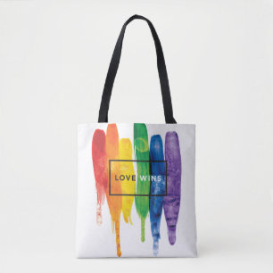 Watercolor LGBT Love Wins Rainbow Paint Typographi Tote Bag