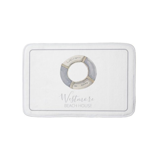 Watercolor Life Preserver Beach House Bath Mat (Front)