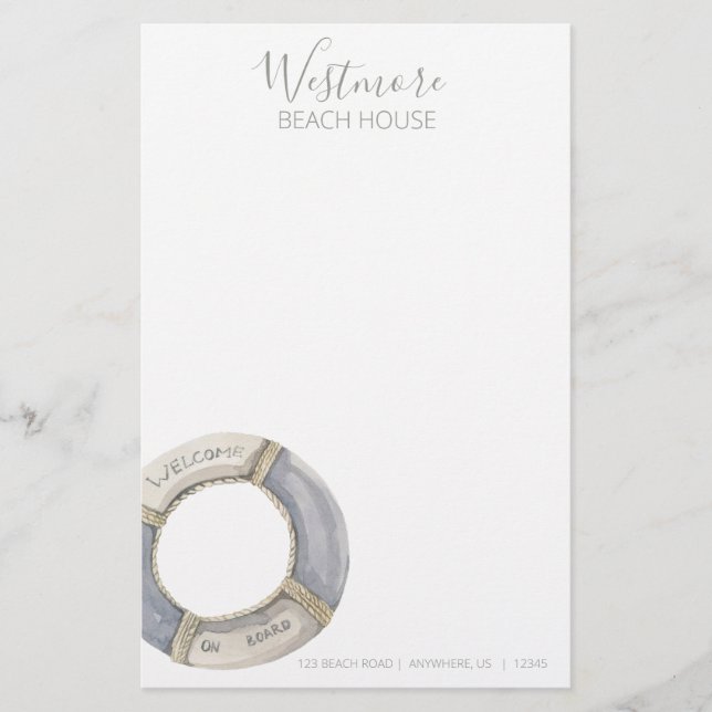 Watercolor Life Preserver Beach House Stationery (Front)