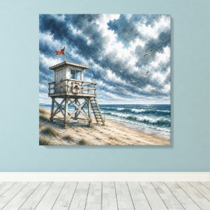 Watercolor Lifeguard Stand on Coastal Beach Canvas Print