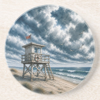 Watercolor Lifeguard Stand on Coastal Beach Coaster