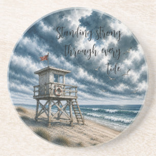 Watercolor Lifeguard Stand on Coastal Beach Coaster