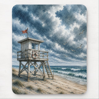 Watercolor Lifeguard Stand on Coastal Beach Mouse Mat