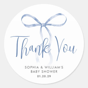 Watercolor Light Blue Bow Ribbon Boy Baby Shower Classic Round Sticker