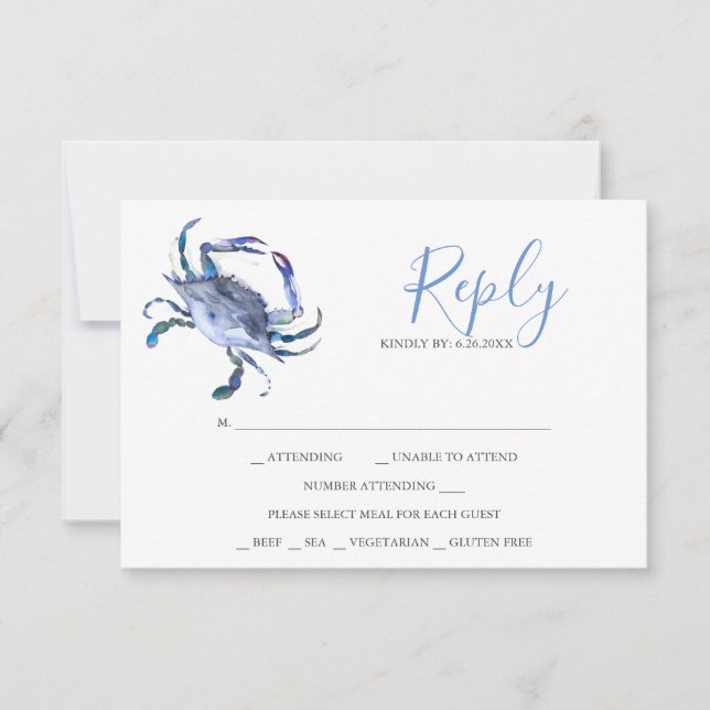 Watercolor Light Blue Crab Reply RSVP Cards (Front)