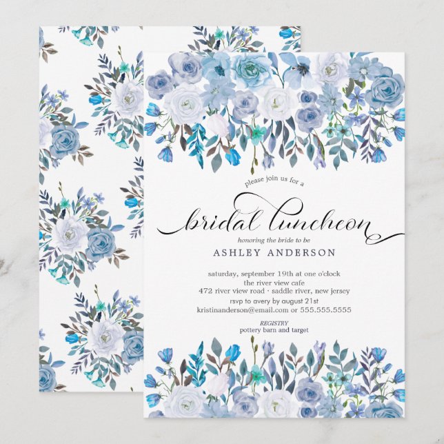 Watercolor Light Blue Floral Bridal Luncheon Invitation (Front/Back)