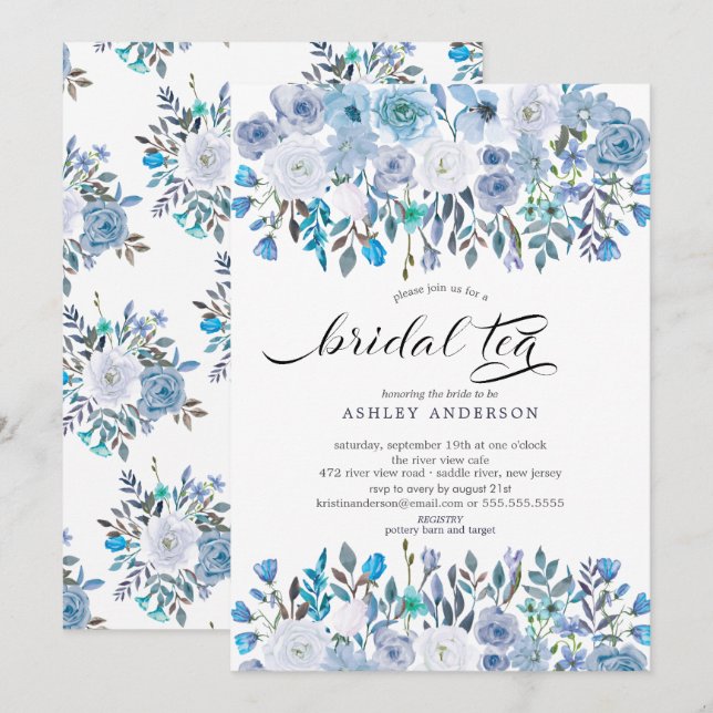 Watercolor Light Blue Floral Bridal Tea Invitation (Front/Back)