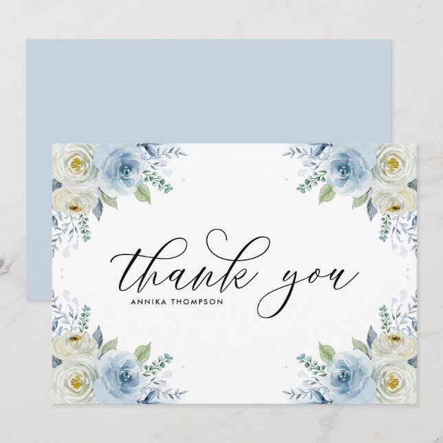 Watercolor Light Blue Flowers Bouquet Wedding Thank You Card (Front/Back)