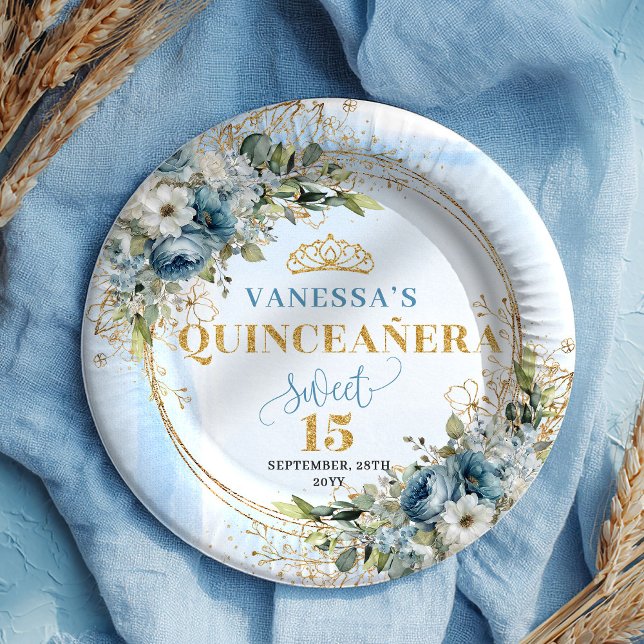 Watercolor Light Blue Flowers Gold Quinceañera  Paper Plate (Watercolor Light Blue Flowers Gold Quinceañera Plates)