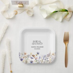 Watercolor Light Blue Wildflowers Bridal Shower Paper Plate