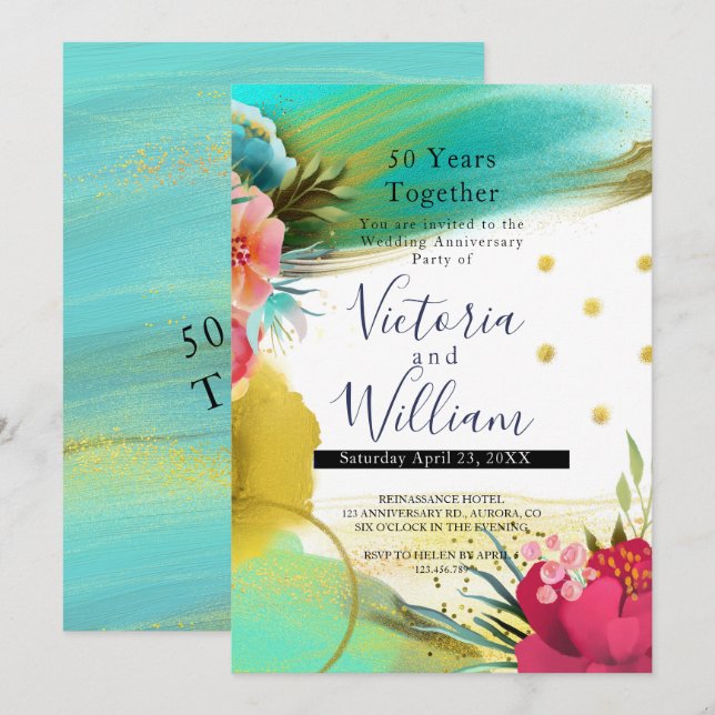 Watercolor Light Green Gold Pink 50th Anniversary Invitation (Front/Back)