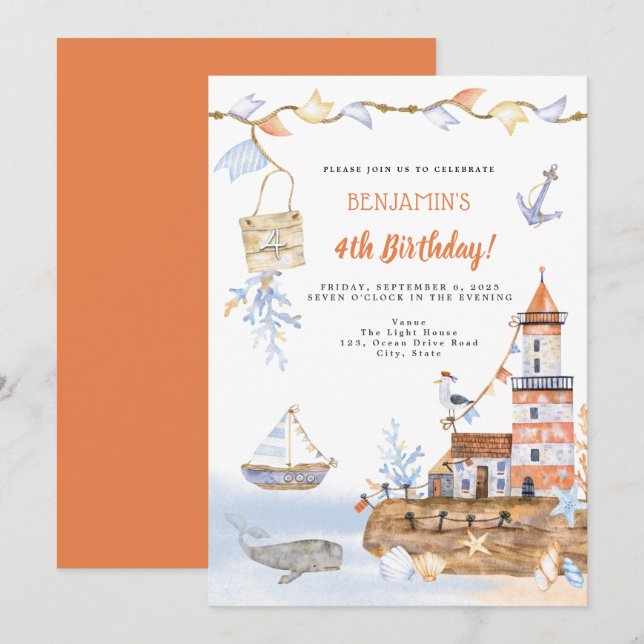 Watercolor Light House Nautical 4th Birthday Invitation (Front/Back)