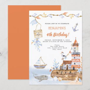 Watercolor Light House Nautical 4th Birthday Invitation