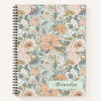 Watercolor Light Peach Floral on Mint  Notebook