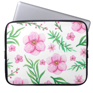 Watercolor Light Pink Flowers, Little Berries and Laptop Sleeve