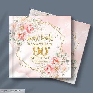 Watercolor Light Pink Gold Flowers 90th Guest Book