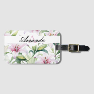 Watercolor Light Pink Leafy Lily Pattern Monogram Luggage Tag
