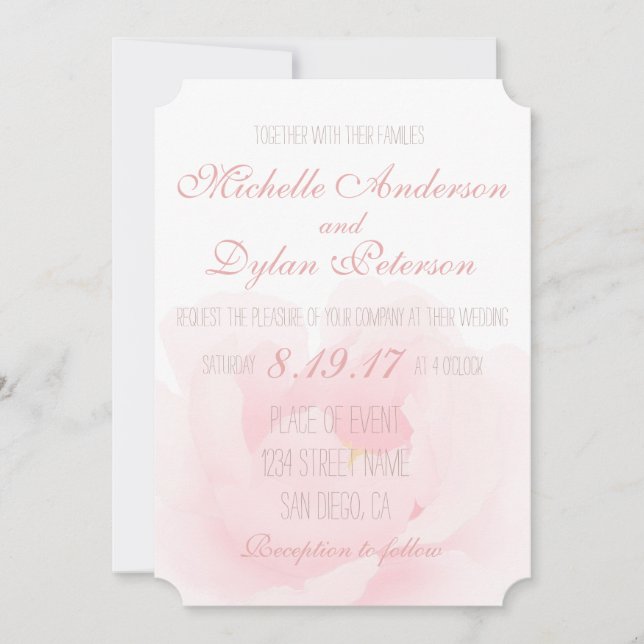 Watercolor Light Pink Peony Elegant Wedding Invitation (Front)
