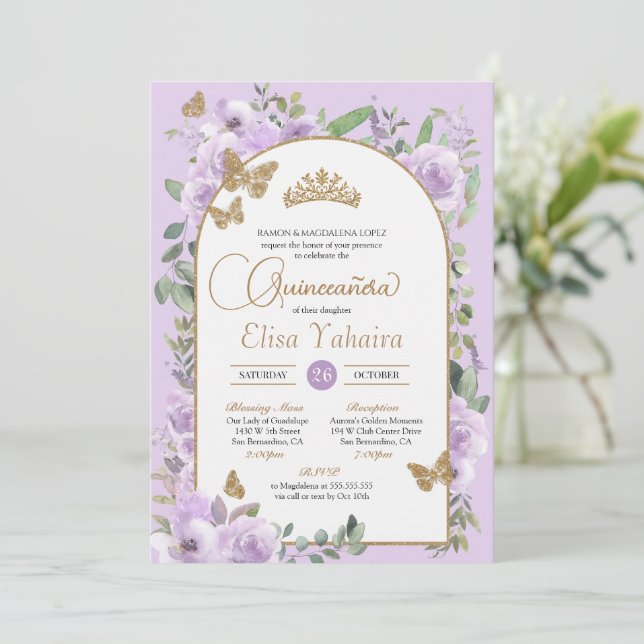Watercolor Light Purple Butterfly Quinceañera Invitation (Standing Front)