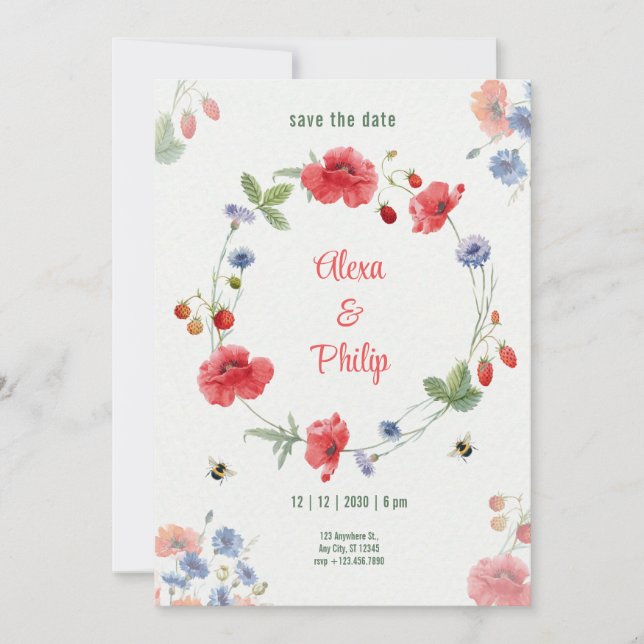 Watercolor Light Rustic Poppies Strawberrys Invitation (Front)