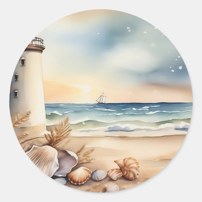 Watercolor Lighthouse and Beach Classic Round Sticker (Front)