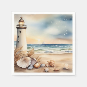 Watercolor Lighthouse and Beach Napkin