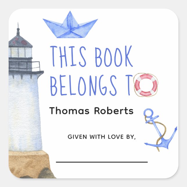 Watercolor lighthouse - baby shower bookplate square sticker (Front)
