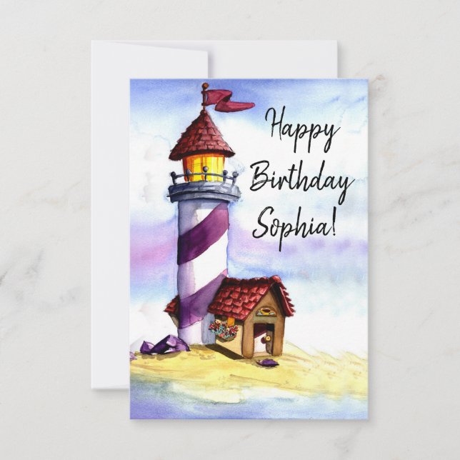Watercolor Lighthouse Birthday Card (Front)