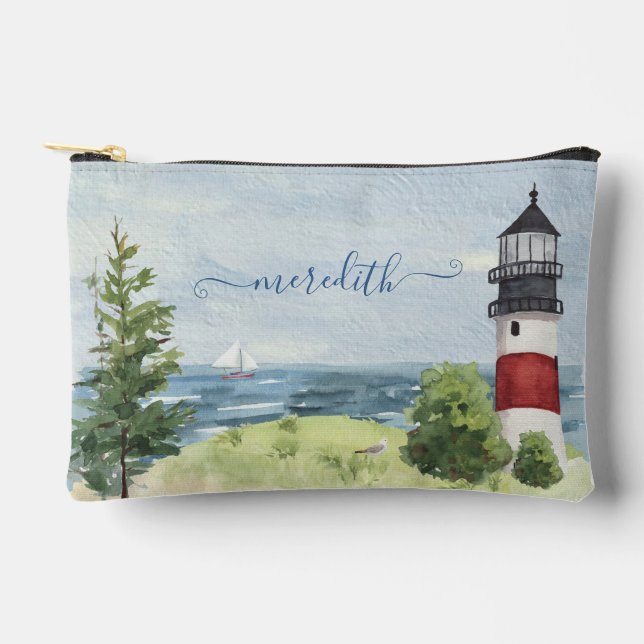 Watercolor Lighthouse Coastal Scene Name  Accessory Pouch (Front)