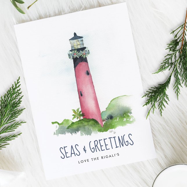 Watercolor Lighthouse Florida Beach Christmas Holiday Card (Watercolor Lighthouse Beach Christmas Card Florida Holiday)