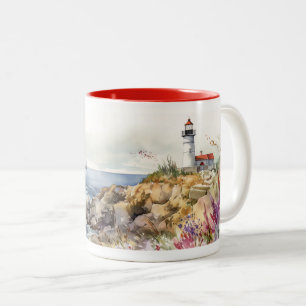 Watercolor Lighthouse in Spring Two-Tone Coffee Mug