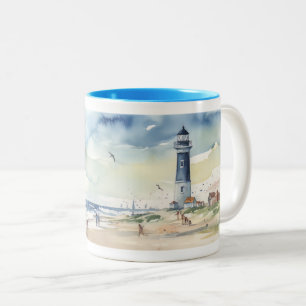 Watercolor Lighthouse in Summer Two-Tone Coffee Mug