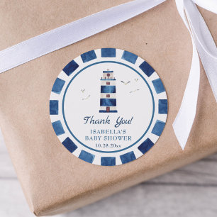 Watercolor Lighthouse Nautical Baby Shower Classic Round Sticker