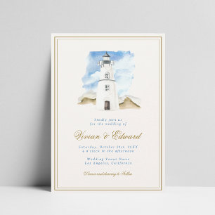 Watercolor Lighthouse Nautical Coastal Wedding Invitation