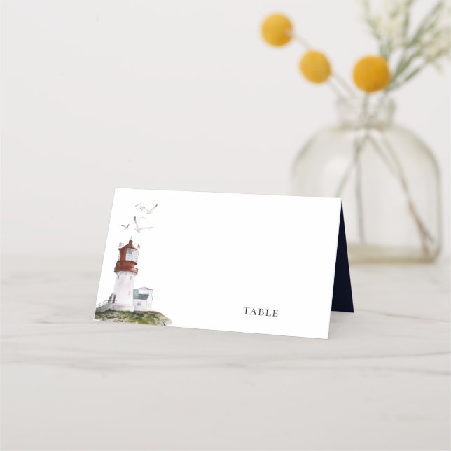 Watercolor Lighthouse Nautical Navy Blue Wedding Place Card (Front)
