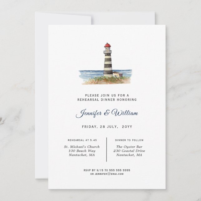 Watercolor Lighthouse Nautical Rehearsal dinner Announcement (Front)