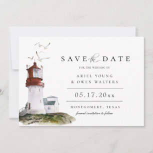Watercolor Lighthouse Nautical Theme Save The Date Announcement