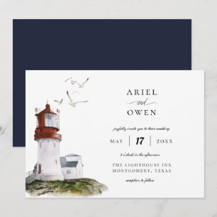Watercolor Lighthouse Nautical Theme Wedding Invitation
