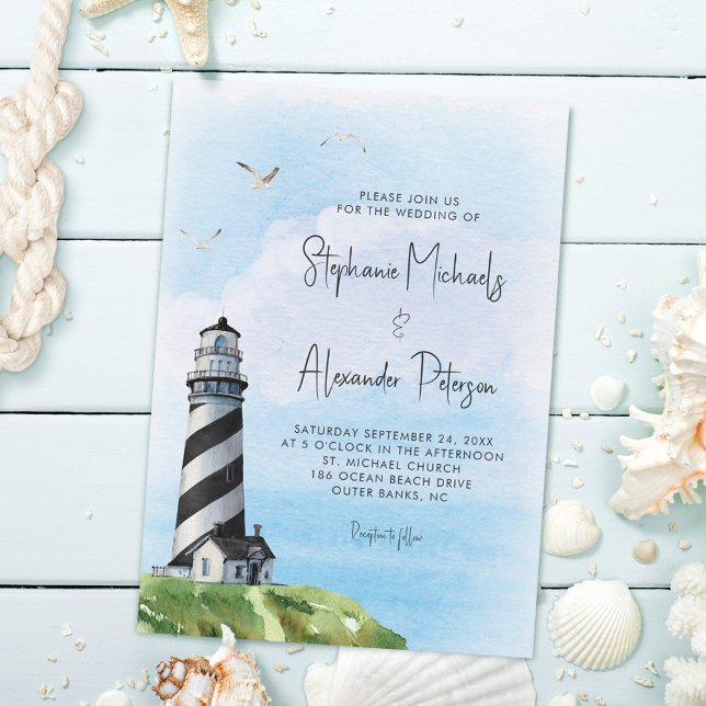 Watercolor Lighthouse Nautical Wedding Invitation (Creator Uploaded)