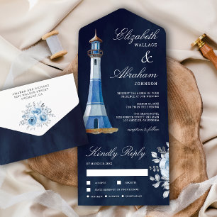 Watercolor Lighthouse Navy Blue Nautical Wedding   All In One Invitation