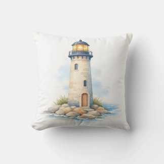 Watercolor Lighthouse on the Rocks  Cushion