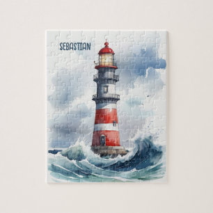 Watercolor Lighthouse Personalized Jigsaw Puzzle
