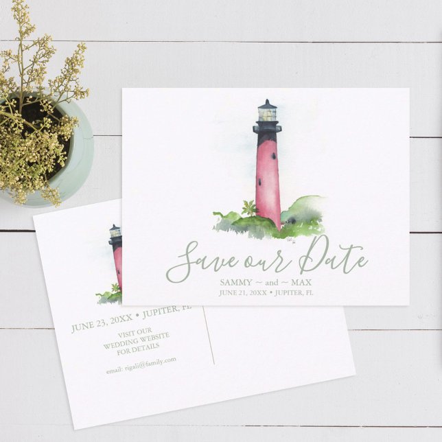 Watercolor Lighthouse Save the Date  Postcard (Beach wedding save the date invitation ocean and lighthouse watercolor art by Victoria Grigaliunas)