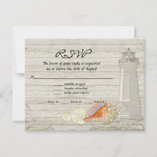 Watercolor Lighthouse Shells Beach Cottage Wedding RSVP Card