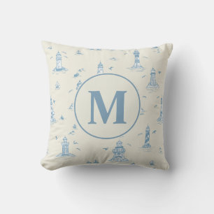 Watercolor Lighthouse Toile Nursery Monogram Cushion