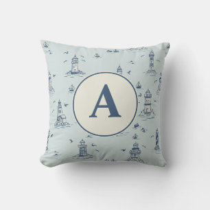 Watercolor Lighthouse Toile Nursery Monogram Cushion