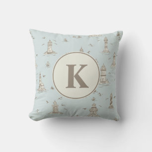 Watercolor Lighthouse Toile Nursery Monogram Cushion